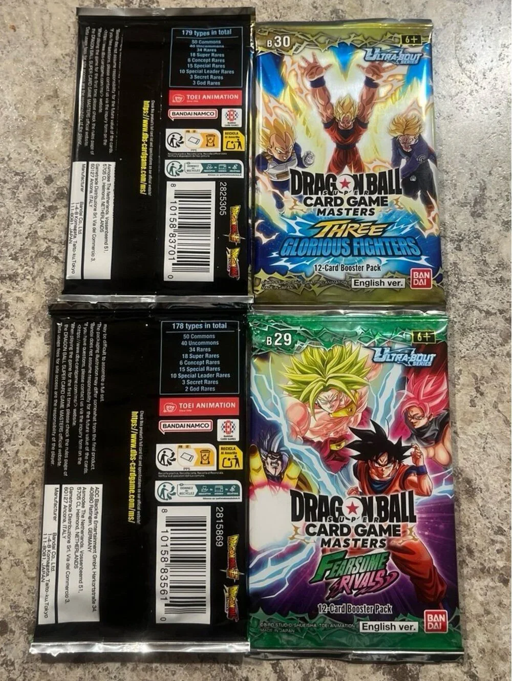 4x Dragon Ball Super TCG Fearsome Rivals/Three Glorious Fighters Booster Packs